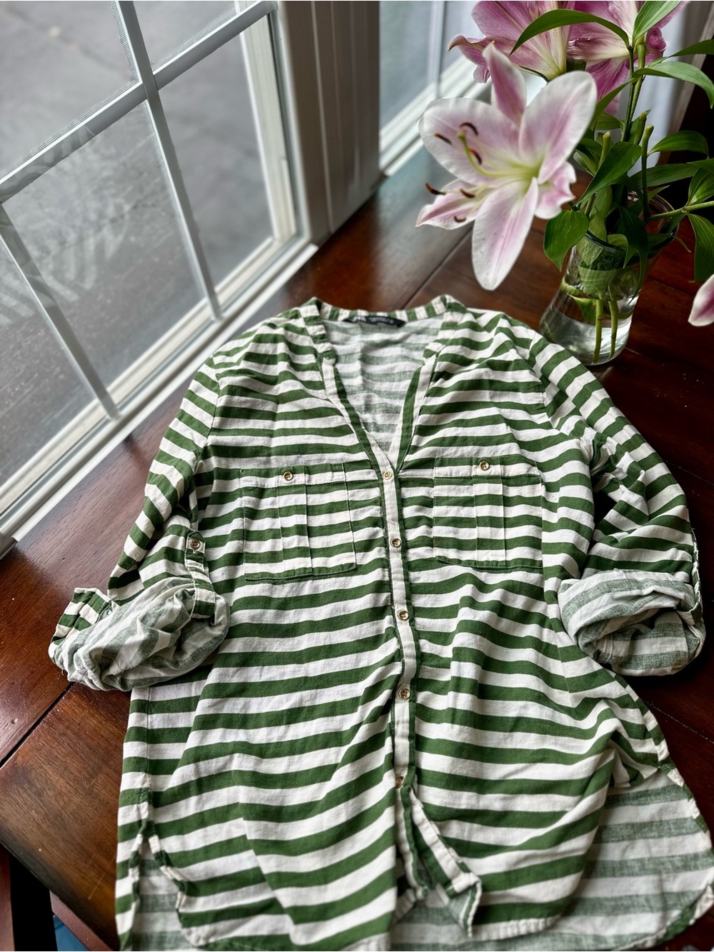 Zara Green & White Striped Button-Down Shirt